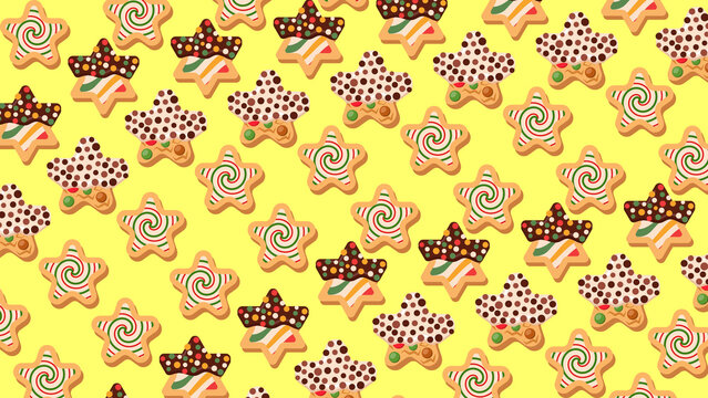 Star shaped gingerbread cookies pattern, festive holiday biscuits with chocolate icing and colorful sprinkles, sweet Christmas treats on yellow background