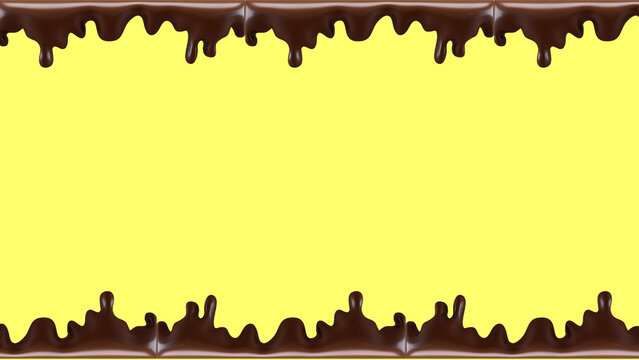 Melted dark chocolate drips on yellow background, sweet cocoa glaze border frame, liquid chocolate sauce dripping from top and bottom