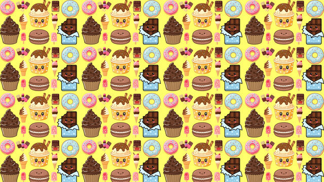 Kawaii dessert seamless pattern, cute cartoon sweets and chocolate background, colorful pastry and confectionery wallpaper for bakery branding
