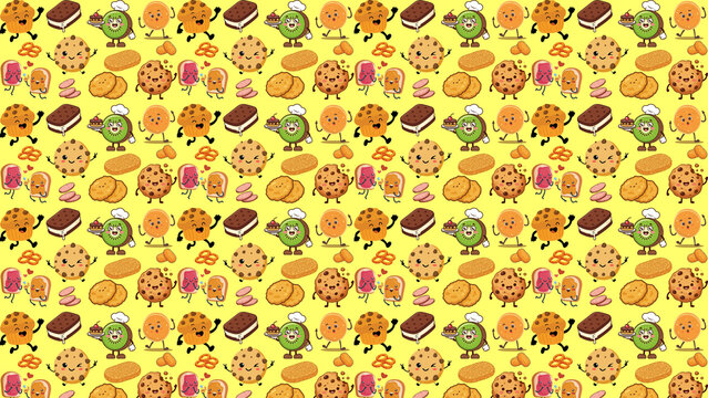 Kawaii cookie pattern background, cute cartoon biscuit characters on yellow, seamless sweet snack wallpaper for bakery branding and packaging