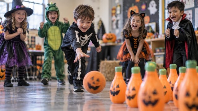 Group of Diverse Children in Halloween Costumes Playing Pumpkin Bowling at a School Classroom Party for Seasonal Holiday Celebration Marketing