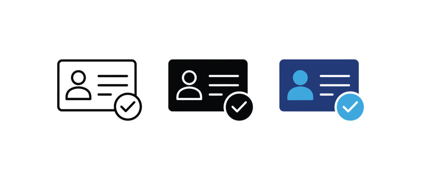 Identity card verified check mark pass membership license profile icon set. Vector illustration