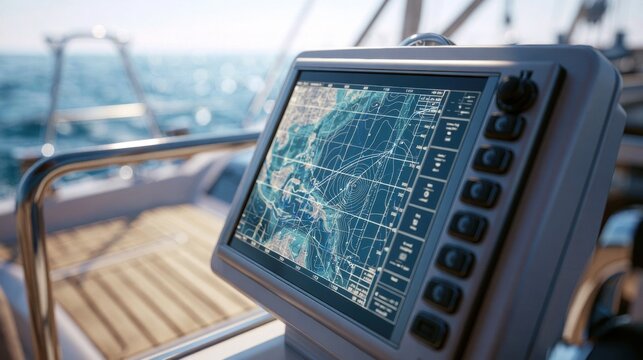 Marine navigation display showing coastal chart on a boat helm