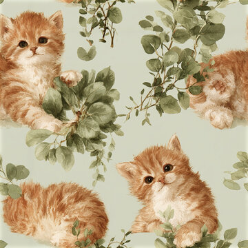 Adorable ginger kittens playing with eucalyptus leaves in soft, natural pattern creating warm and cozy feeling