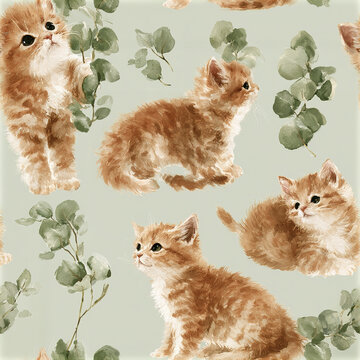 Adorable ginger kitten pattern with eucalyptus leaves, soft fur texture, and playful poses on light background