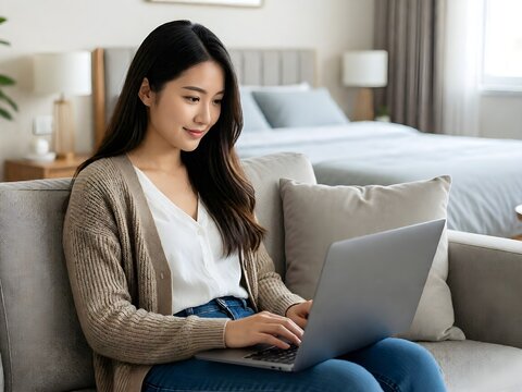 Happy young woman sitting comfortably on sofa in modern bedroom and typing on laptop for remote work or online studying.