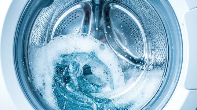 A close-up shot of the interior of a modern washing machine during a wash cycle. The drum is filled with swirling blue water and abundant, foamy bubbles.