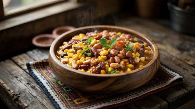 Zimbabwean cuisine, the dish Mutakura (Zimbabwean corn and bean mash) &mdash; a hearty porridge made from boiled corn, sugar beans and peanuts in a deep bowl.
