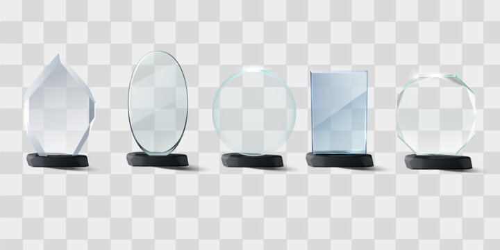 Set of diverse crystal glass trophy awards with black podiums on grey background recognition achievement business presentation transparent collection corporate ceremony.