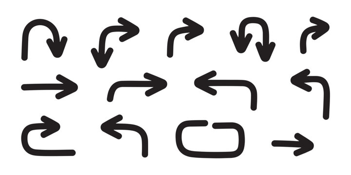 Curved and bent arrow pack with thick strokes for navigation user interface and digital flow chart diagrams.