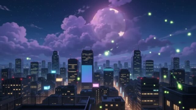 Full moon shining over a city skyline with anime clouds