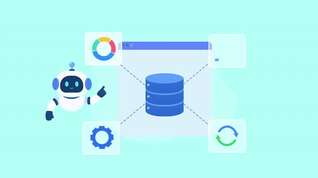 Animated video showing an AI robot beside a central cloud database connected to analytics, settings, and synchronization elements, representing digital infrastructure and data management.