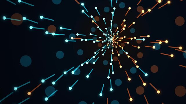 Dynamic digital data flow abstract background with glowing blue and orange particle rays creating a f
