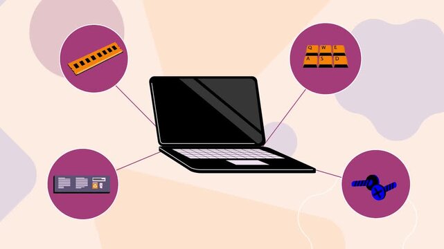 Black laptop computer connected to circular hardware component icons