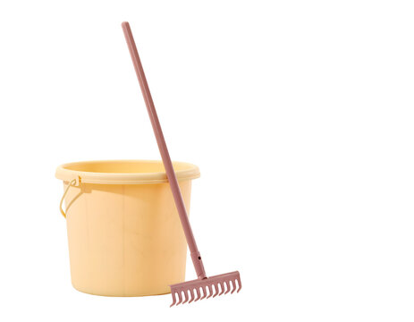 Light Yellow Plastic Bucket and Pink Rake Isolated on Transparent Background Essential Gardening Tools for Outdoor Cleaning and Household Chores Simple Cutout Design Element presented