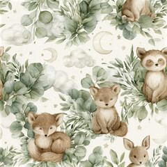 Obraz premium Baby nursery eucalyptus pattern with soft watercolor leaves, cute fox, raccoon, rabbit, moon, and cloud for gentle decor