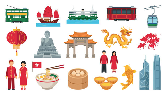 Hong Kong travel landmark and culture icon vector set featuring traditional junk boat dim sum big buddha skyline skyscrapers