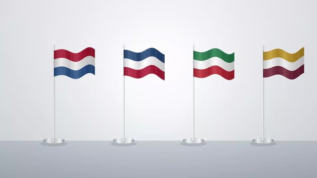 Set of Four Different Flags Waving on Poles Against a Light Gray Background
