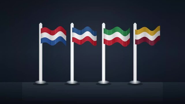 Vector illustration of four waving national flags on silver poles against a dark background for international diplomacy and global cooperation concept