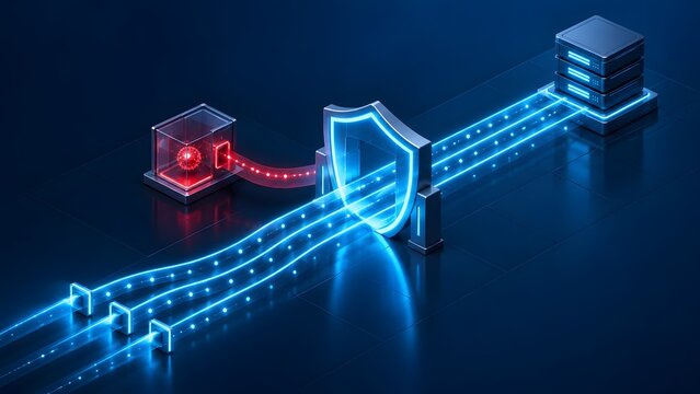 Computer virus malware bypassing digital network shield firewall entering glass quarantine isolation chamber from server data stream