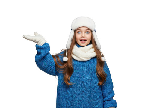 Surprised young girl wearing warm blue knitted sweater, white winter hat, and scarf, gesturing with hand isolated on transparent background