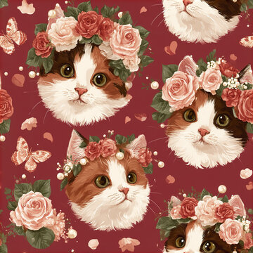Charming calico kitten faces wearing crowns of blush roses with butterflies and petals on deep red background