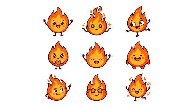 Cute fire and flame character emoji set.