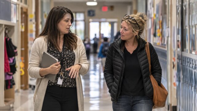 Professional Female Educator Talking to a Parent or Colleague While Walking in a High School Hallway for Education and Mentorship Concept