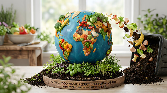 A conceptual globe made of fresh vegetables and fruits symbolizing global food waste reduction and sustainable composting practices.