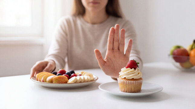 A woman makes a healthy choice by rejecting a sugary cupcake and opting for a plate of fresh fruit, focusing on diet, nutrition, and willpower.