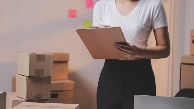 Close up with Start up small business, SME female owner using laptop checking order online to prepare to pack a box of goods for sale to customers, sme business idea.