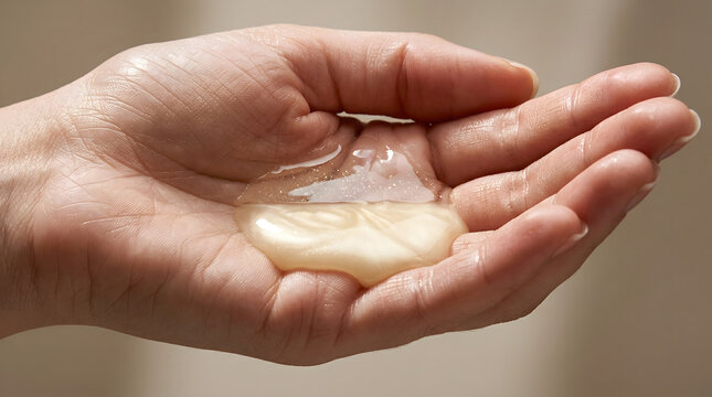Moisturizing liquid soap on female hand, thick viscous gel texture for skincare routine. Transparent cosmetic serum or cleansing gel in palm of hand. Natural beauty product for hygiene and