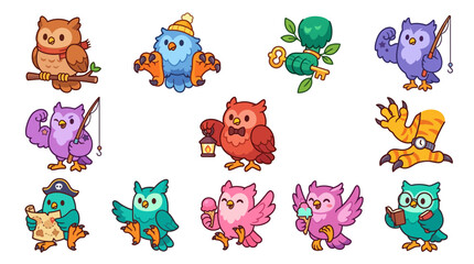 Obraz premium Cute owl characters with various outfits and hobbies.