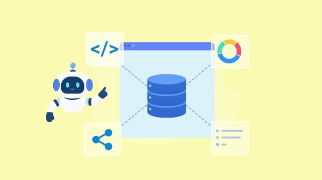 Animated video showing an AI robot beside a central cloud database connected to coding, analytics, sharing, and data elements, representing digital infrastructure and data management.
