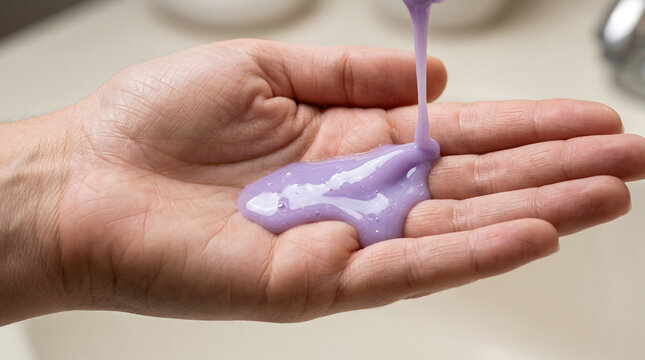 Purple shampoo being poured into a hand for hair care treatment. Lavender colored toning liquid on palm for blonde hair maintenance. Creamy violet hair mask texture for beauty and salon