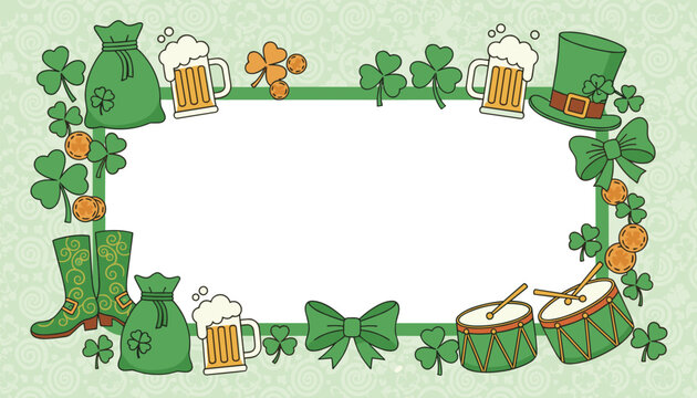Saint Patrick's Day rectangular frame border decorated with traditional Irish symbols like shamrocks, beer, and gold pots.