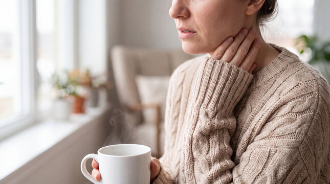 A woman wearing a cozy sweater holds a steaming mug of tea, touching her throat due to pain or discomfort, symbolizing illness, flu season, or a common cold.