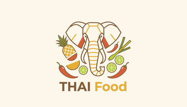 Creative Thai food logo featuring a geometric elephant head surrounded by fresh ingredients like red chilies, pineapple, and lime slices.