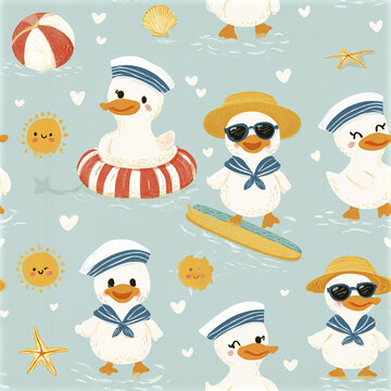 Coastal kawaii duck seamless pattern with cheerful ducklings wearing sailor hats and summer accessories