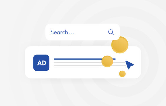 Paid search advertising with sponsored results, ad placement and keyword targeting. Paid search campaigns reach users through search ads for clicks, conversions and visibility, vector illustration.