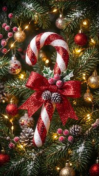 A luxury maximalist Christmas arrangement featuring a sparkling candy cane, a large red glitter bow, and festive pine branches. This high-quality holiday image captures the warmth of cozy seasonal cel