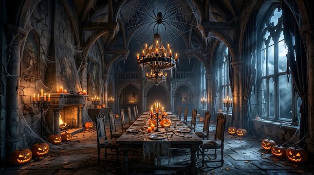 Grand medieval banquet hall with long dining table and elegant chandeliers