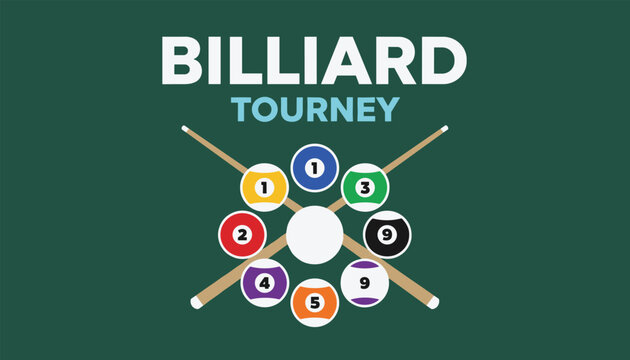 Green poster for a billiard tournament featuring crossed cue sticks and numbered pool balls around a central white cue ball.