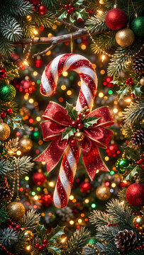 A luxury maximalist Christmas arrangement featuring a sparkling candy cane, a large red glitter bow, and festive pine branches. This high-quality holiday image captures the warmth of cozy seasonal cel