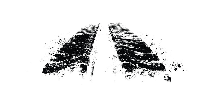 Two parallel car tire tracks leaving a path on a white background, black and white showing movement and off-road travel