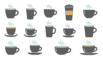 Obraz premium Minimalist coffee icon set displaying fifteen dark grey cups with steaming hot drinks in different shapes over a white background.
