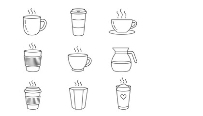 Obraz premium Collection of minimalist coffee and tea cups, mugs, and jugs shown in black and white line art over a clean white background.