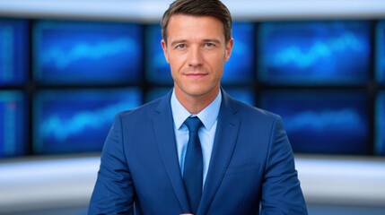 Professional news anchor delivers stock market update in digital broadcast studio © Nutthanon