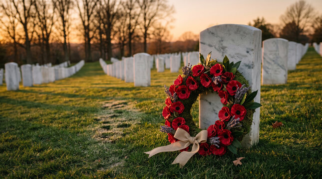 Poppy wreath on a tombstone in cemetery at sunset, remembrance and mourning during memorial tribute 