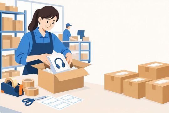 段ボール箱を梱包する配送作業員と梱包資材のイラスト｜荷造り、梱包、段ボール、配送、物流、テープ、はさみ、緩衝材、梱包紙